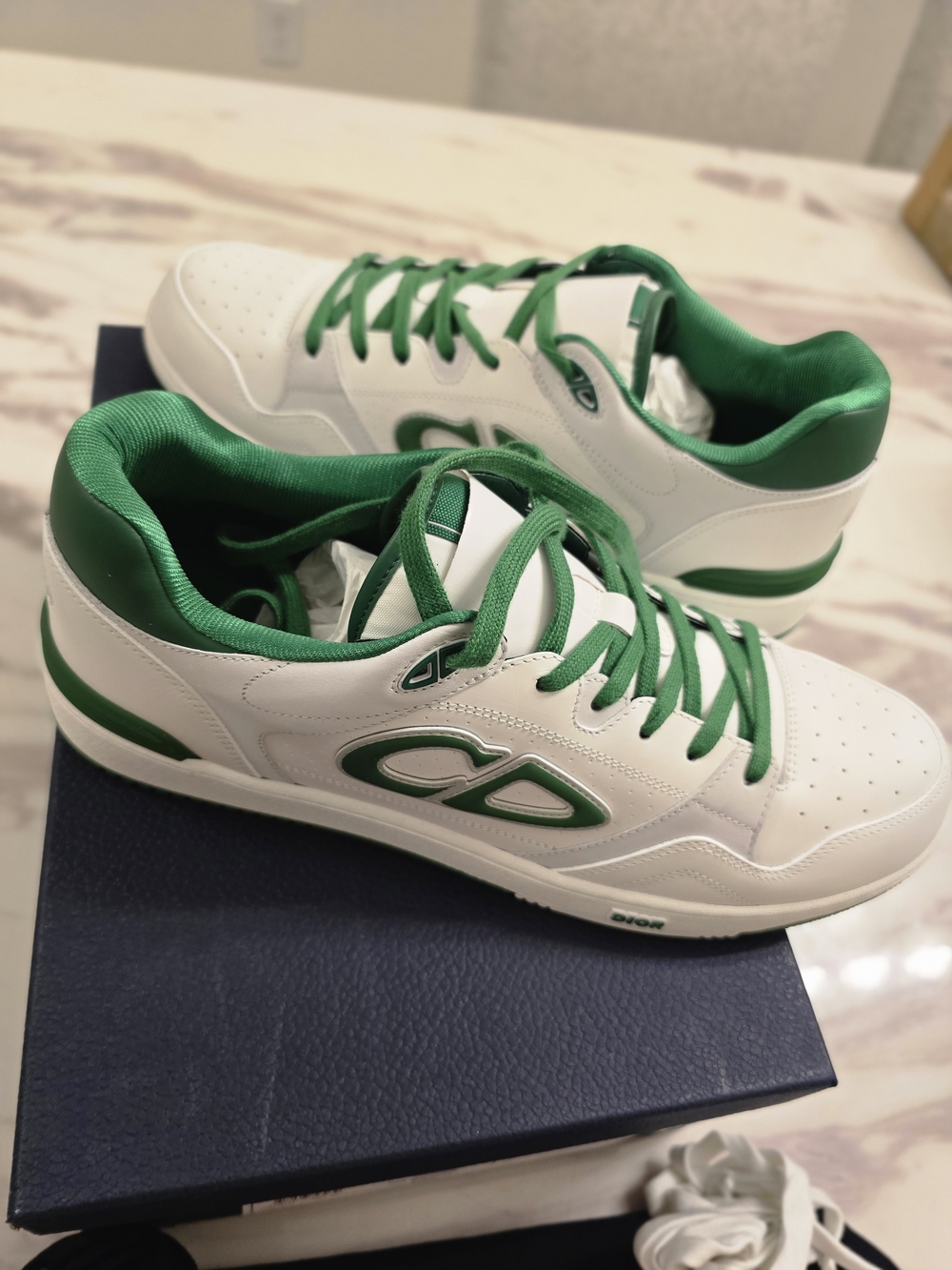 Dior White and Emerald Green Low-Top Leather Sneakers